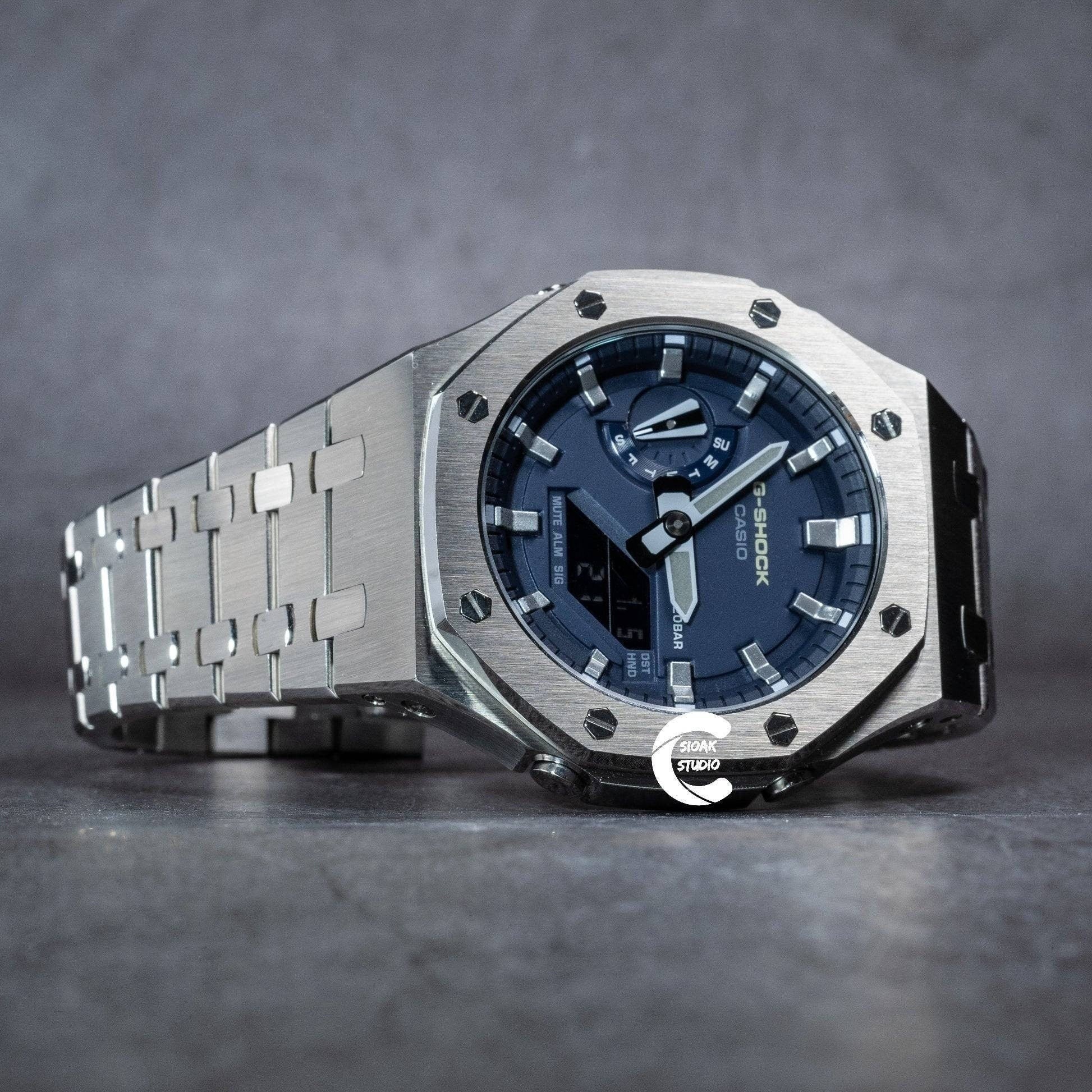 Casioak Mod Watch Silver Case Metal Strap Blue Silver Time Mark Blue Dial 44mm- Casioak Mod Casio G-Shock Royal Oak Custom Mens Luxury Watches Ga2100