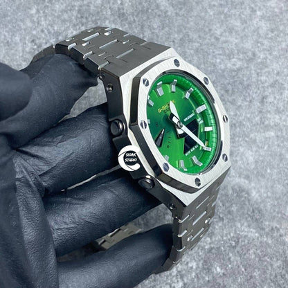 Casioak Mod Watch Silver Case Metal Strap Green Silver Time Mark Green Dial 44mm- Casioak Mod Casio G-Shock Royal Oak Custom Mens Luxury Watches Ga2100