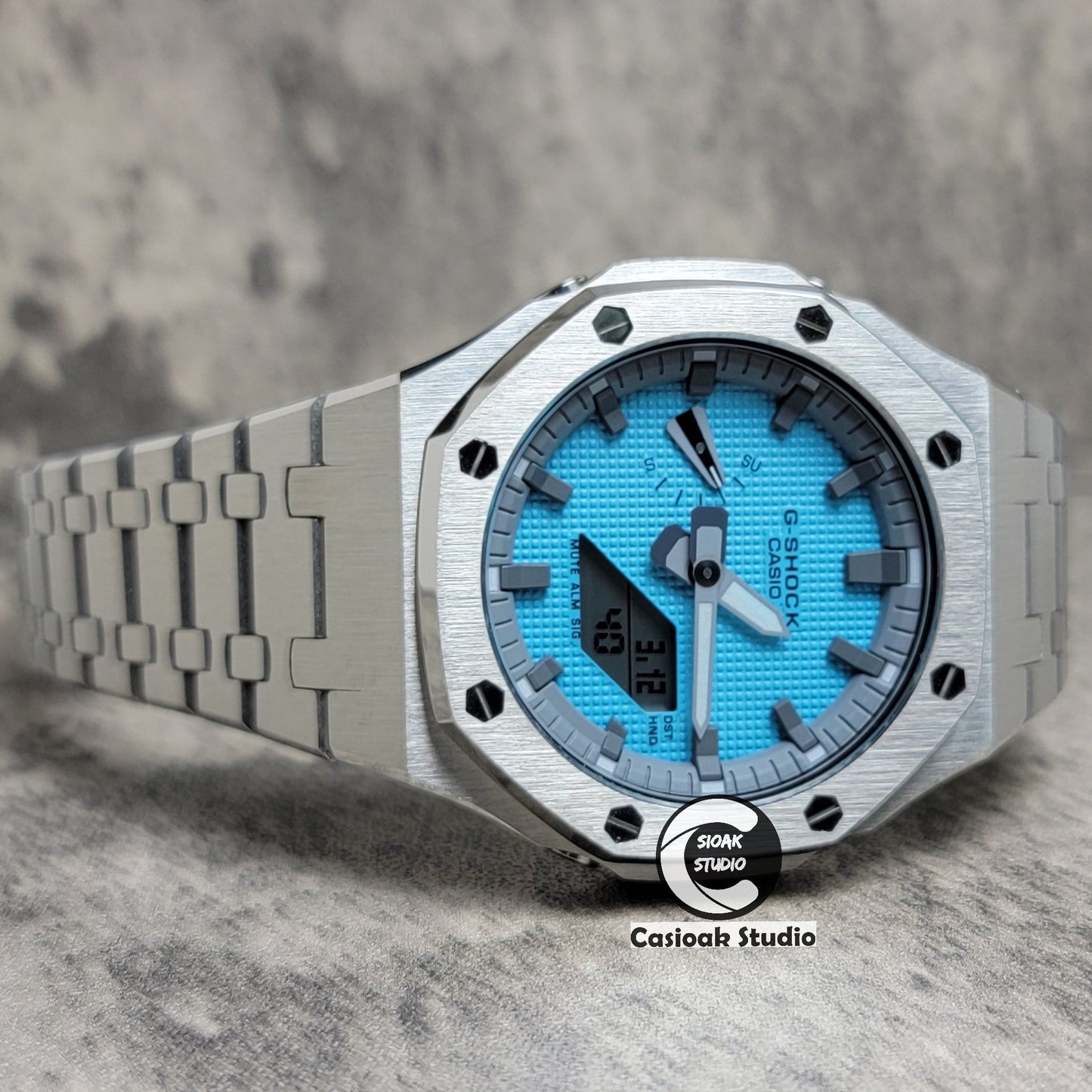 Casioak Mod Watch Silver Case Metal Strap Light Gray White Time Mark Tiff Blue Dial 44mm- Casioak Mod Casio G-Shock Royal Oak Custom Mens Luxury Watches Ga2100