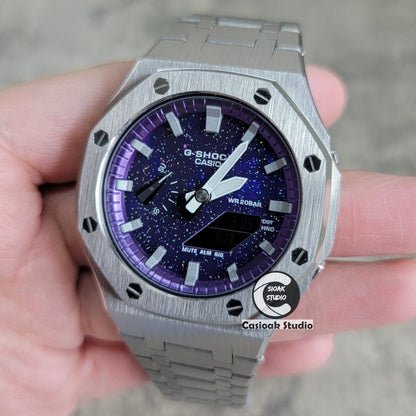 Casioak Mod Watch Silver Case Metal Strap Purple Silver Time Mark Purple Dial 44mm- Casioak Mod Casio G-Shock Royal Oak Custom Mens Luxury Watches Ga2100