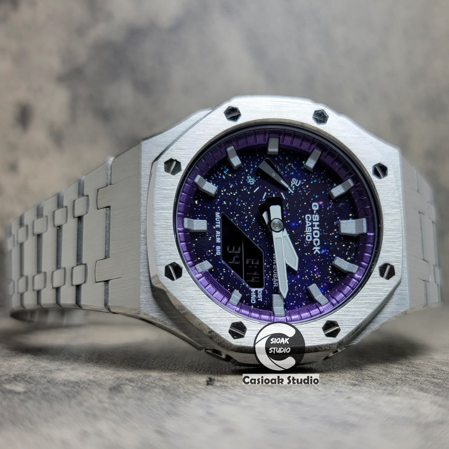 Casioak Mod Watch Silver Case Metal Strap Purple Silver Time Mark Purple Dial 44mm- Casioak Mod Casio G-Shock Royal Oak Custom Mens Luxury Watches Ga2100