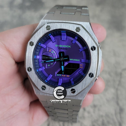 Casioak Mod Watch Silver Case Metal Strap Purple Time Mark Purple Dial 44mm- Casioak Mod Casio G-Shock Royal Oak Custom Mens Luxury Watches Ga2100