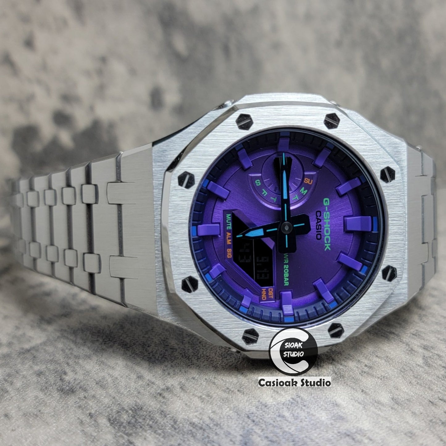 Casioak Mod Watch Silver Case Metal Strap Purple Time Mark Purple Dial 44mm- Casioak Mod Casio G-Shock Royal Oak Custom Mens Luxury Watches Ga2100