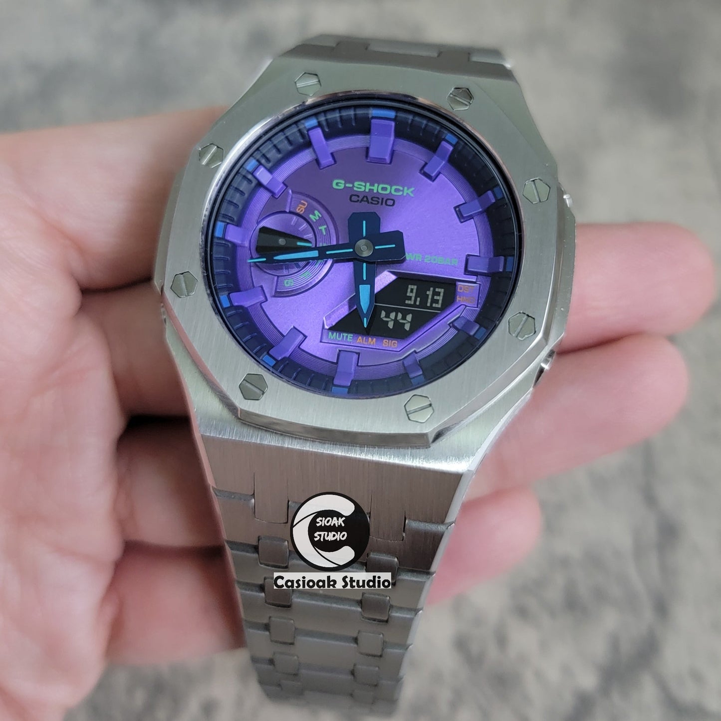 Casioak Mod Watch Silver Case Metal Strap Purple Time Mark Purple Dial 44mm- Casioak Mod Casio G-Shock Royal Oak Custom Mens Luxury Watches Ga2100