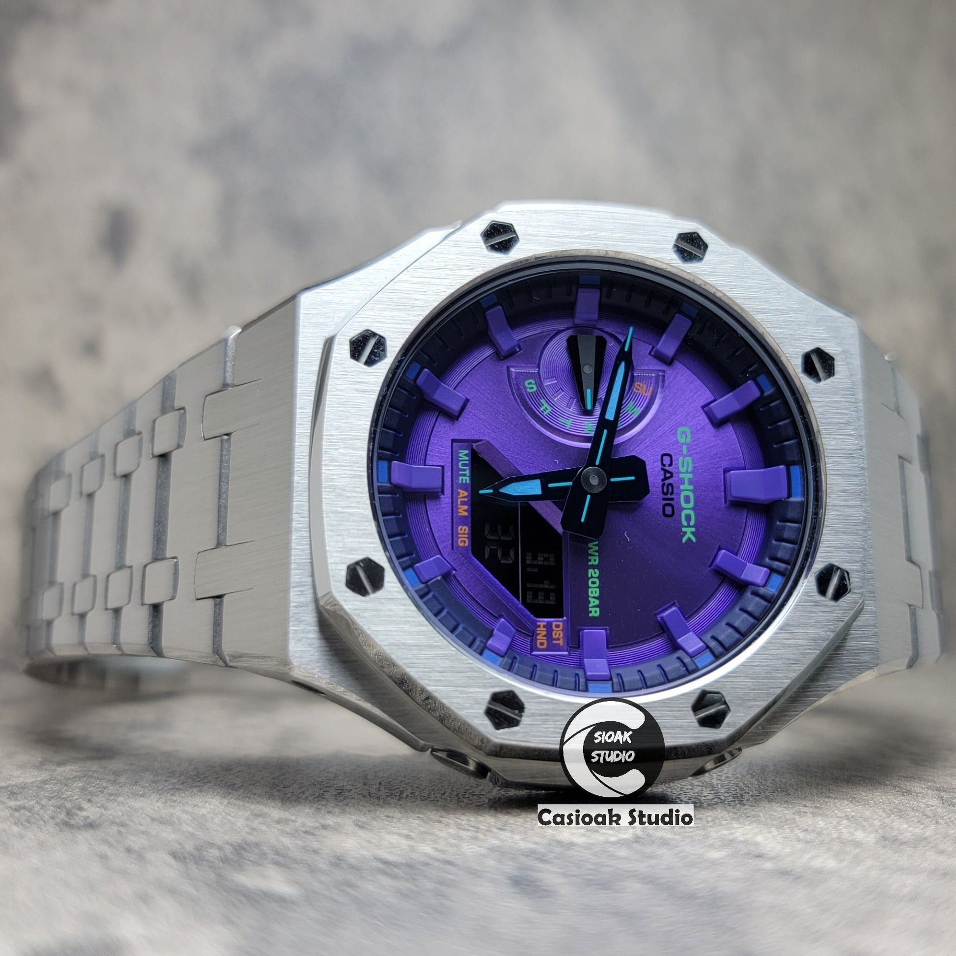 Casioak Mod Watch Silver Case Metal Strap Purple Time Mark Purple Dial 44mm- Casioak Mod Casio G-Shock Royal Oak Custom Mens Luxury Watches Ga2100