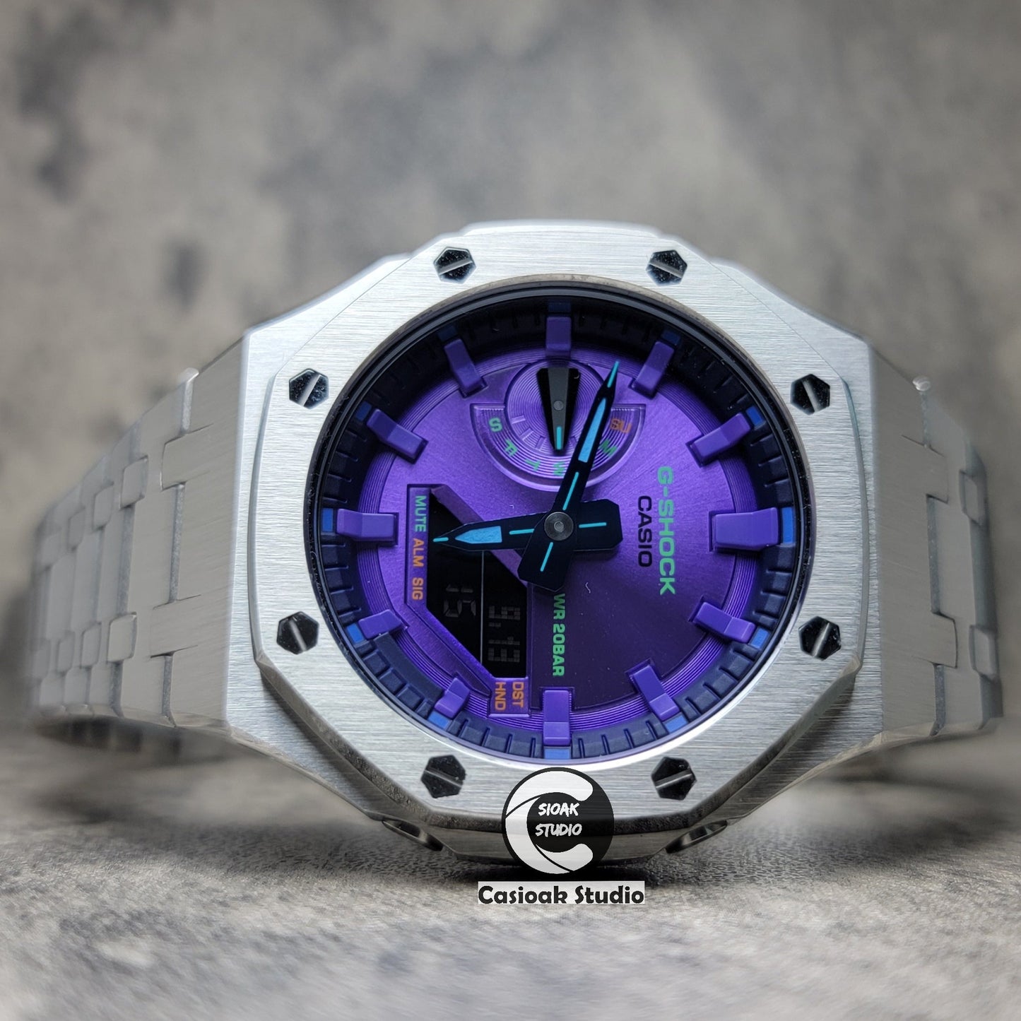 Casioak Mod Watch Silver Case Metal Strap Purple Time Mark Purple Dial 44mm- Casioak Mod Casio G-Shock Royal Oak Custom Mens Luxury Watches Ga2100