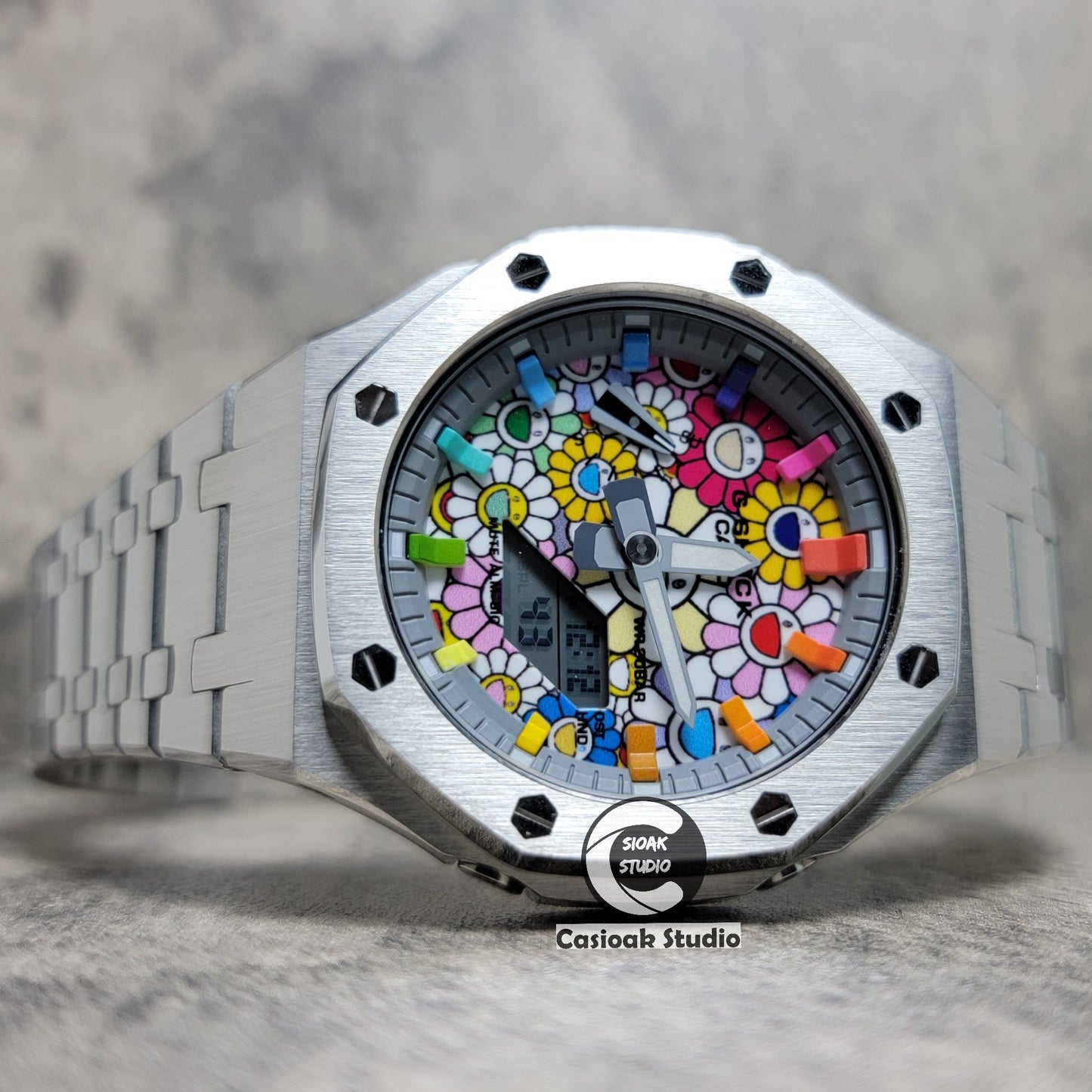 Casioak Mod Watch Silver Case Metal Strap Rainbow Time Mark Takashi Murakami Dial 44mm- Casioak Mod Casio G-Shock Royal Oak Custom Mens Luxury Watches Ga2100