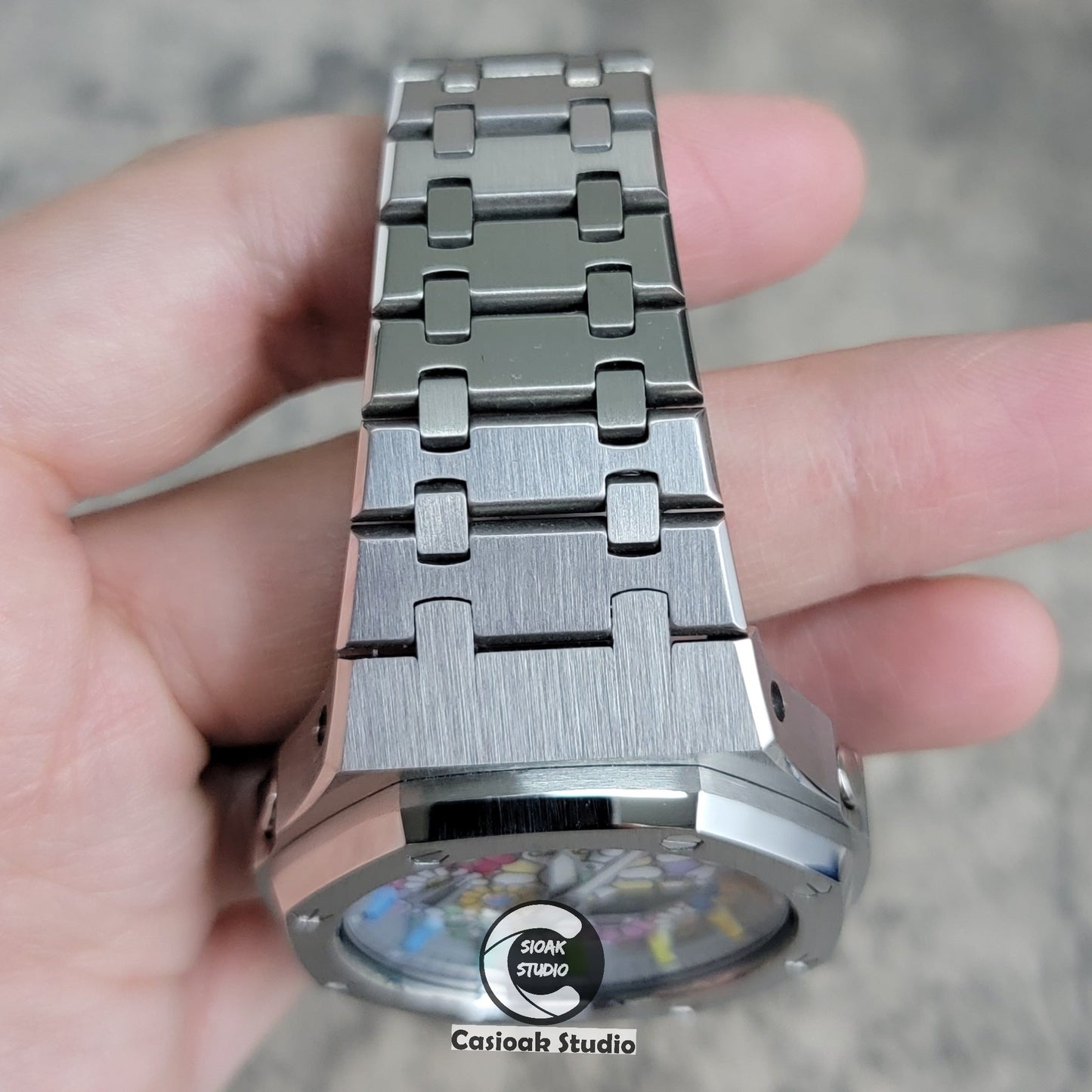 Casioak Mod Watch Silver Case Metal Strap Rainbow Time Mark Takashi Murakami Dial 44mm- Casioak Mod Casio G-Shock Royal Oak Custom Mens Luxury Watches Ga2100