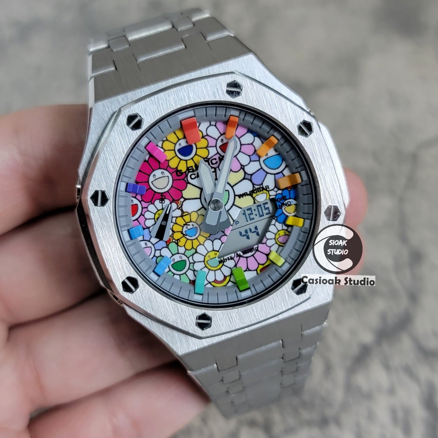 Casioak Mod Watch Silver Case Metal Strap Rainbow Time Mark Takashi Murakami Dial 44mm- Casioak Mod Casio G-Shock Royal Oak Custom Mens Luxury Watches Ga2100