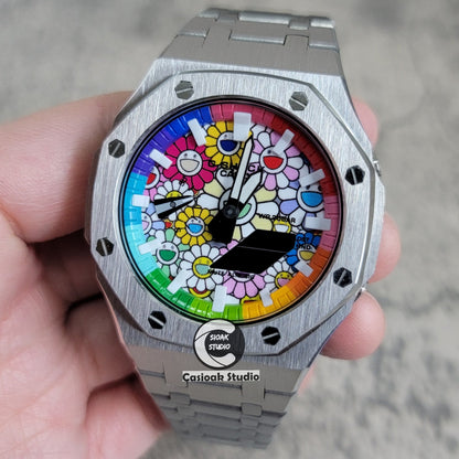 Casioak Mod Watch Silver Case Metal Strap Rainbow White Time Mark Takashi Murakami Dial 44mm- Casioak Mod Casio G-Shock Royal Oak Custom Mens Luxury Watches Ga2100