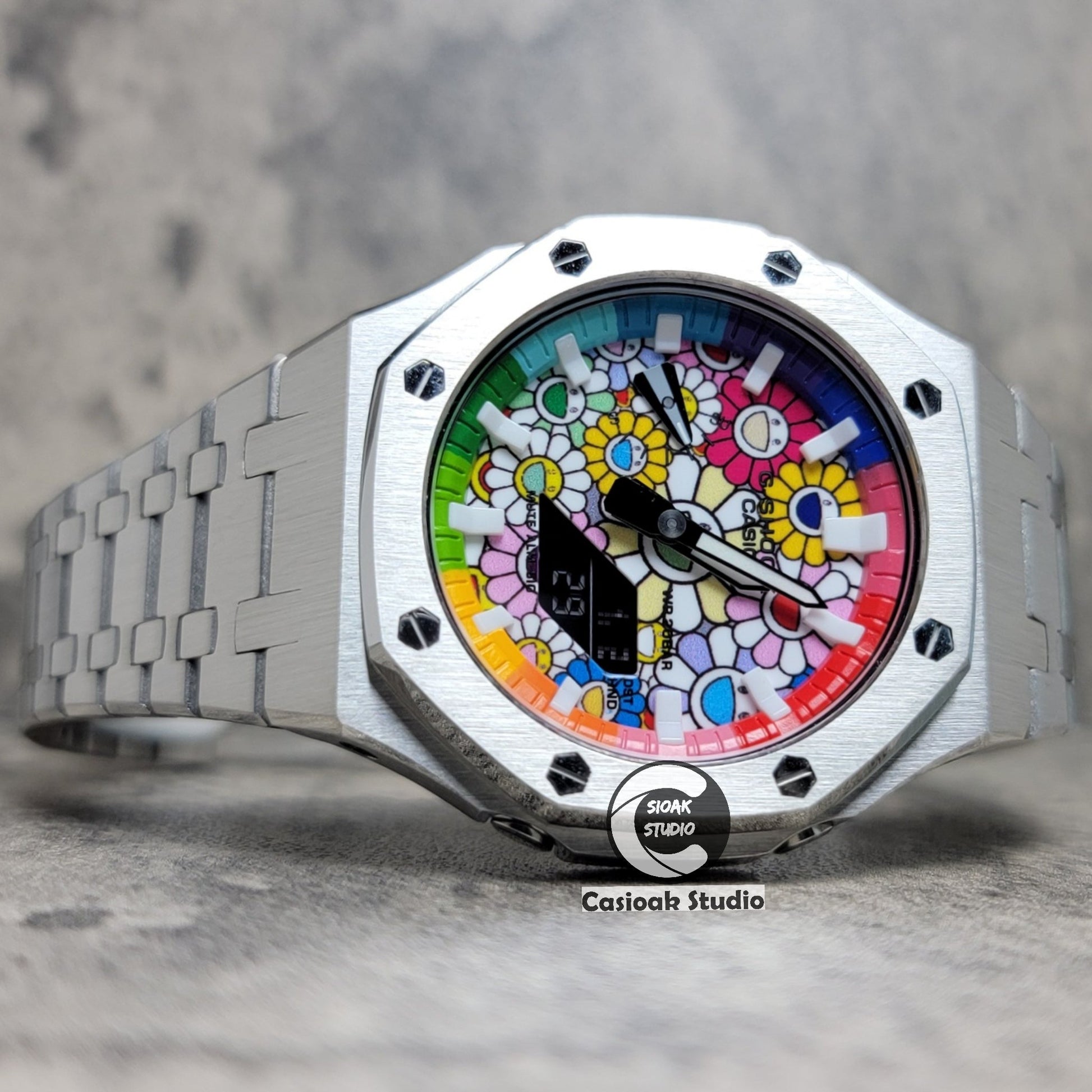 Casioak Mod Watch Silver Case Metal Strap Rainbow White Time Mark Takashi Murakami Dial 44mm- Casioak Mod Casio G-Shock Royal Oak Custom Mens Luxury Watches Ga2100