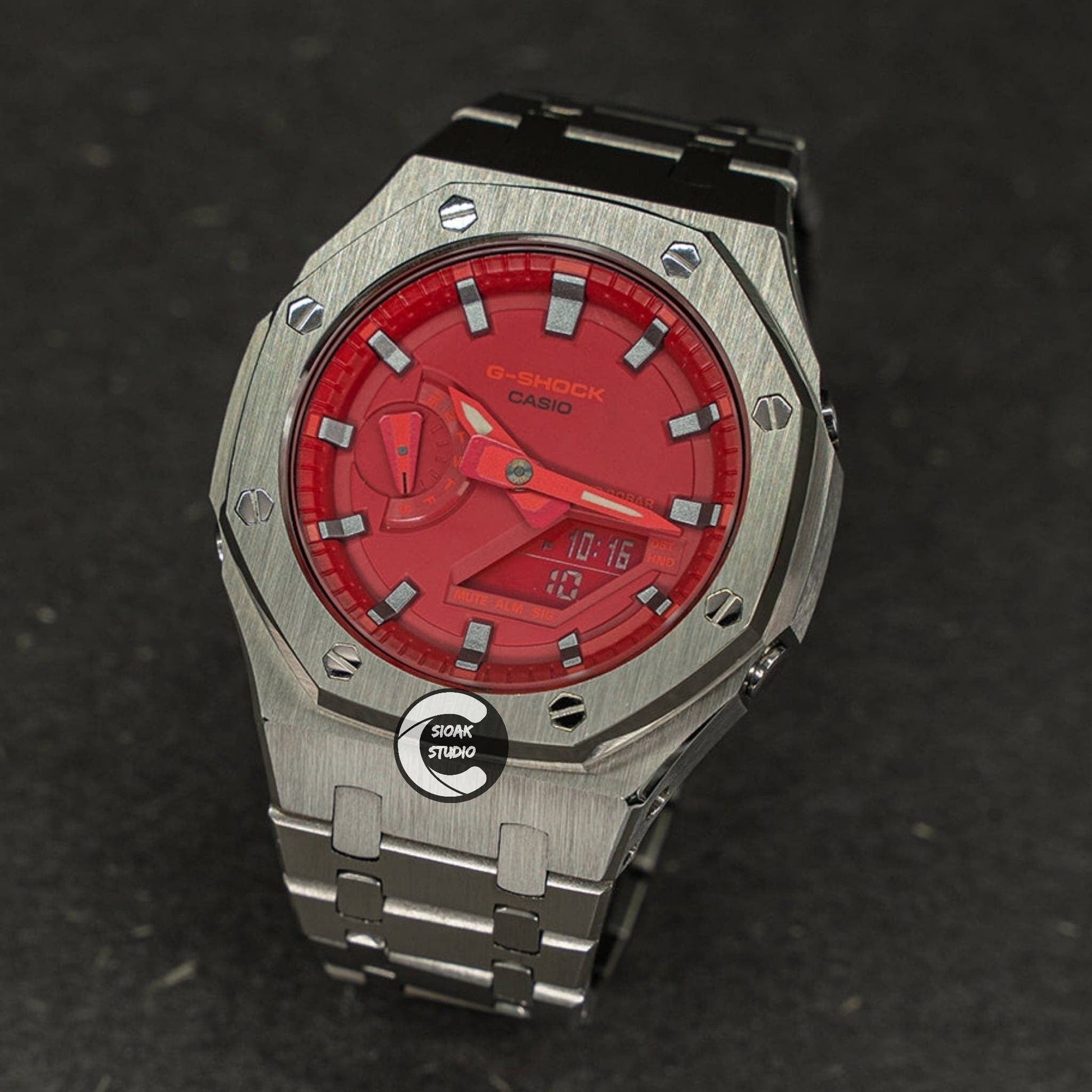 Casioak Mod Watch Silver Case Metal Strap Red Silver Time Mark Red Dial 44mm- Casioak Mod Casio G-Shock Royal Oak Custom Mens Luxury Watches Ga2100