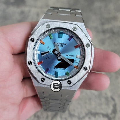 Casioak Mod Watch Silver Case Metal Strap Silver Metalliv Rainbow Time Mark Ice Blue Dial 44mm- Casioak Mod Casio G-Shock Royal Oak Custom Mens Luxury Watches Ga2100