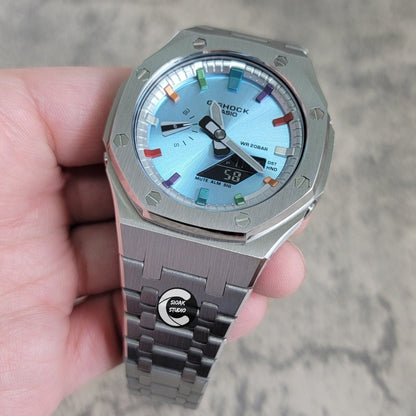 Casioak Mod Watch Silver Case Metal Strap Silver Metalliv Rainbow Time Mark Ice Blue Dial 44mm- Casioak Mod Casio G-Shock Royal Oak Custom Mens Luxury Watches Ga2100