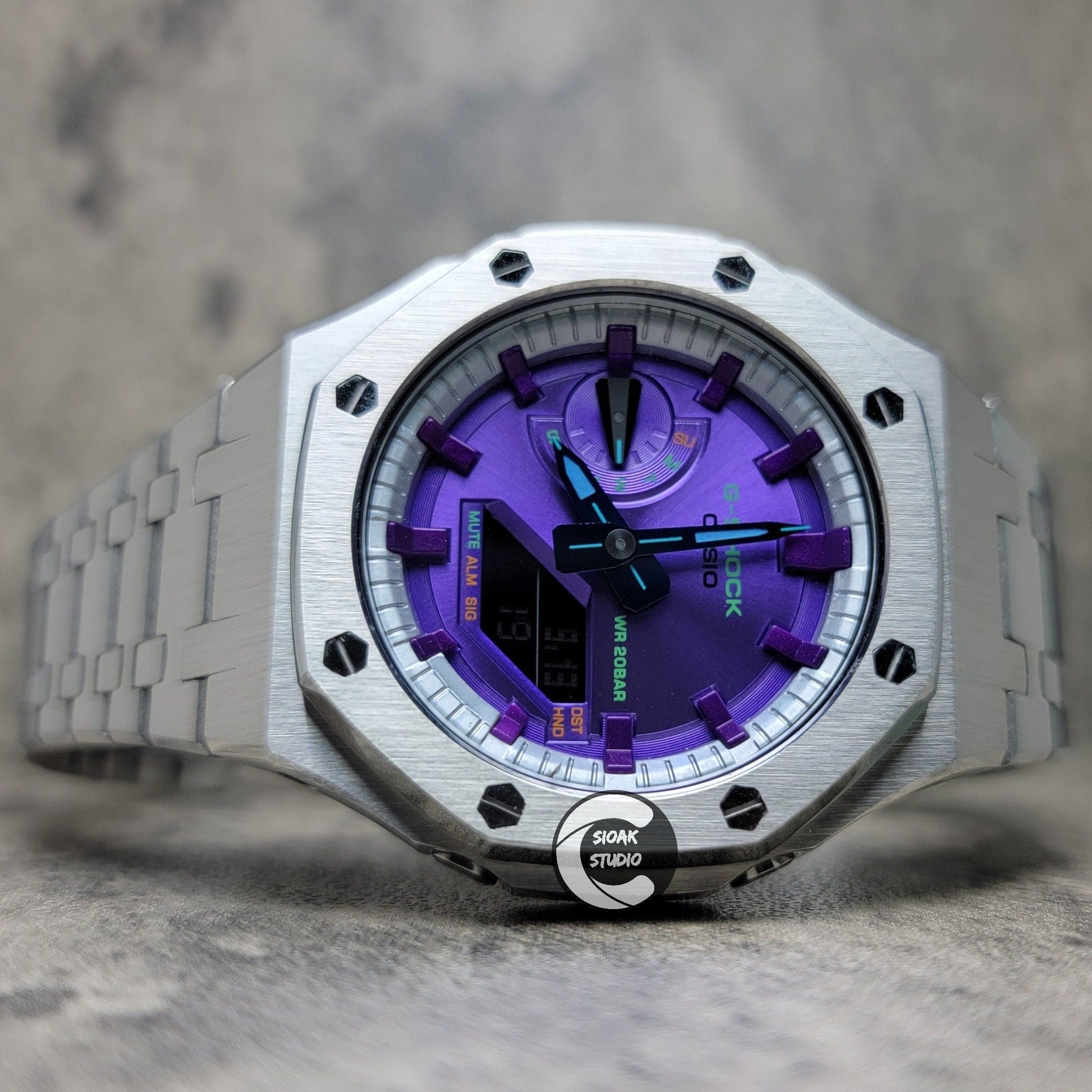 Casioak Mod Watch Silver Case Metal Strap Silver Purple Time Mark Purple Dial 44mm  Unique Special- Casioak Mod Casio G-Shock Royal Oak Custom Mens Luxury Watches Ga2100