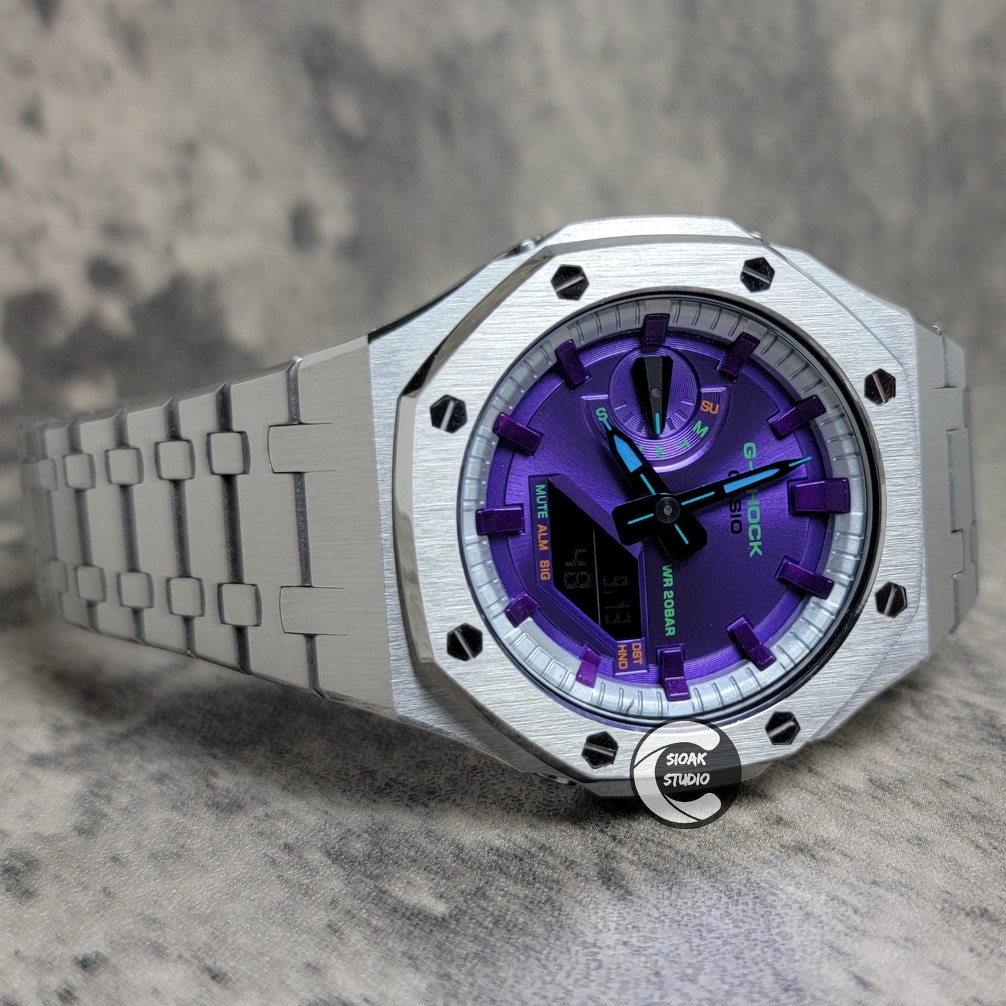 Casioak Mod Watch Silver Case Metal Strap Silver Purple Time Mark Purple Dial 44mm  Unique Special- Casioak Mod Casio G-Shock Royal Oak Custom Mens Luxury Watches Ga2100