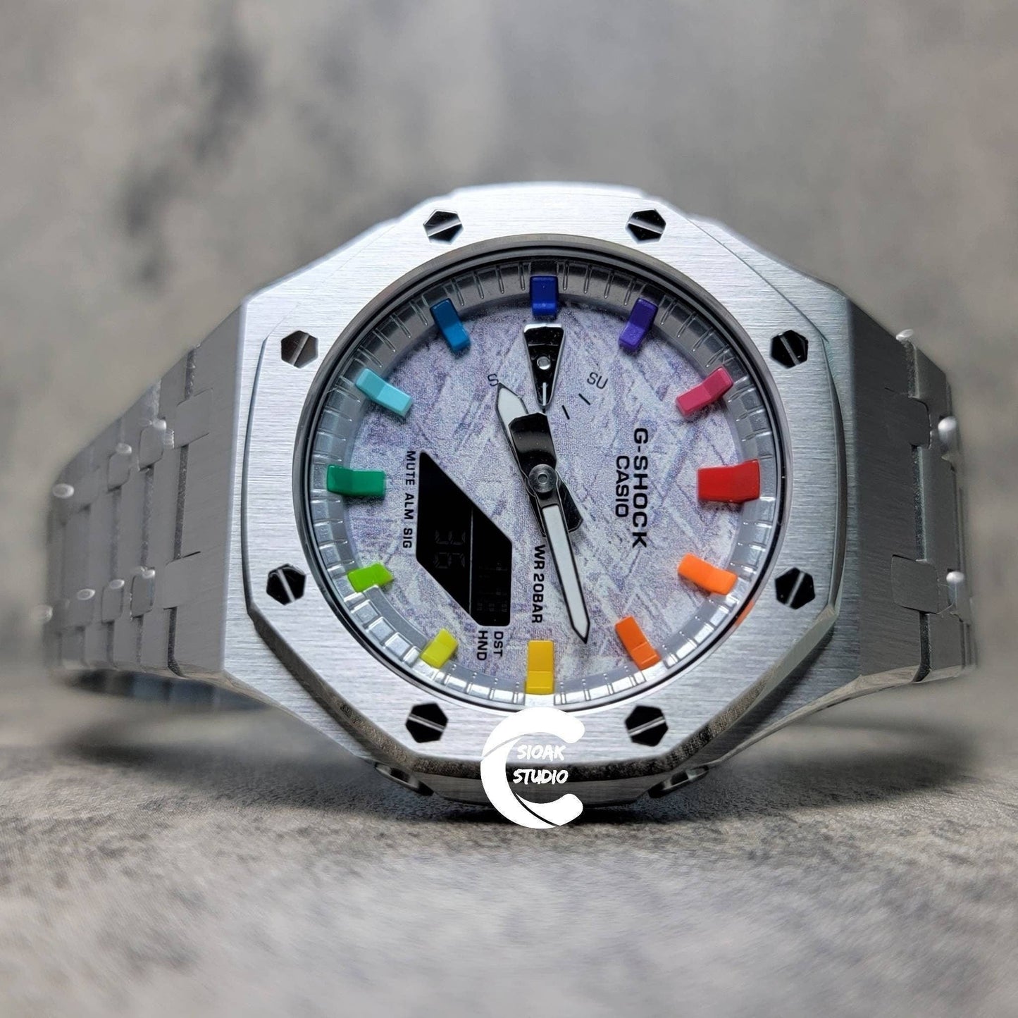 Casioak Mod Watch Silver Case Metal Strap Silver Rainbow Time Mark Meteorite Dial 44mm- Casioak Mod Casio G-Shock Royal Oak Custom Mens Luxury Watches Ga2100