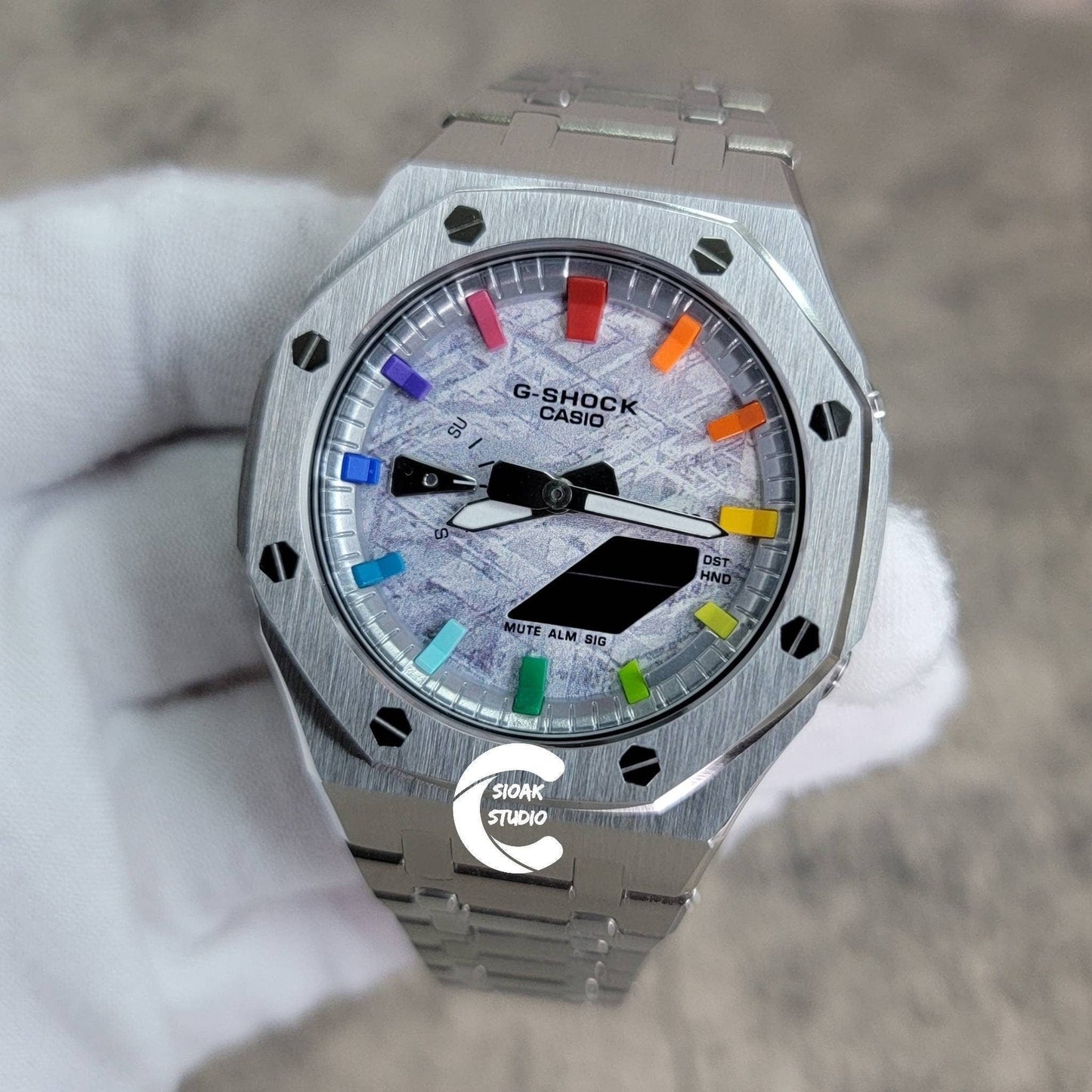 Casioak Mod Watch Silver Case Metal Strap Silver Rainbow Time Mark Meteorite Dial 44mm- Casioak Mod Casio G-Shock Royal Oak Custom Mens Luxury Watches Ga2100