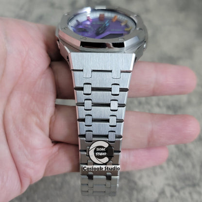 Casioak Mod Watch Silver Case Metal Strap Silver Rainbow Time Mark Purple Dial 44mm- Casioak Mod Casio G-Shock Royal Oak Custom Mens Luxury Watches Ga2100