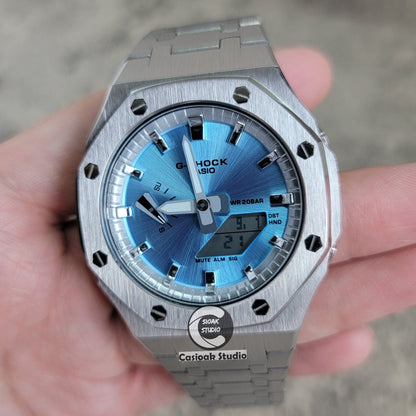 Casioak Mod Watch Silver Case Metal Strap Silver Time Mark Blue Dial 44mm- Casioak Mod Casio G-Shock Royal Oak Custom Mens Luxury Watches Ga2100