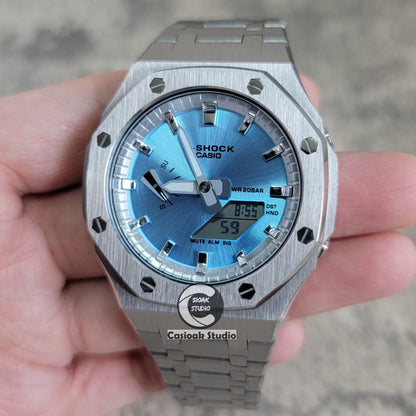 Casioak Mod Watch Silver Case Metal Strap Silver Time Mark Blue Dial 44mm- Casioak Mod Casio G-Shock Royal Oak Custom Mens Luxury Watches Ga2100