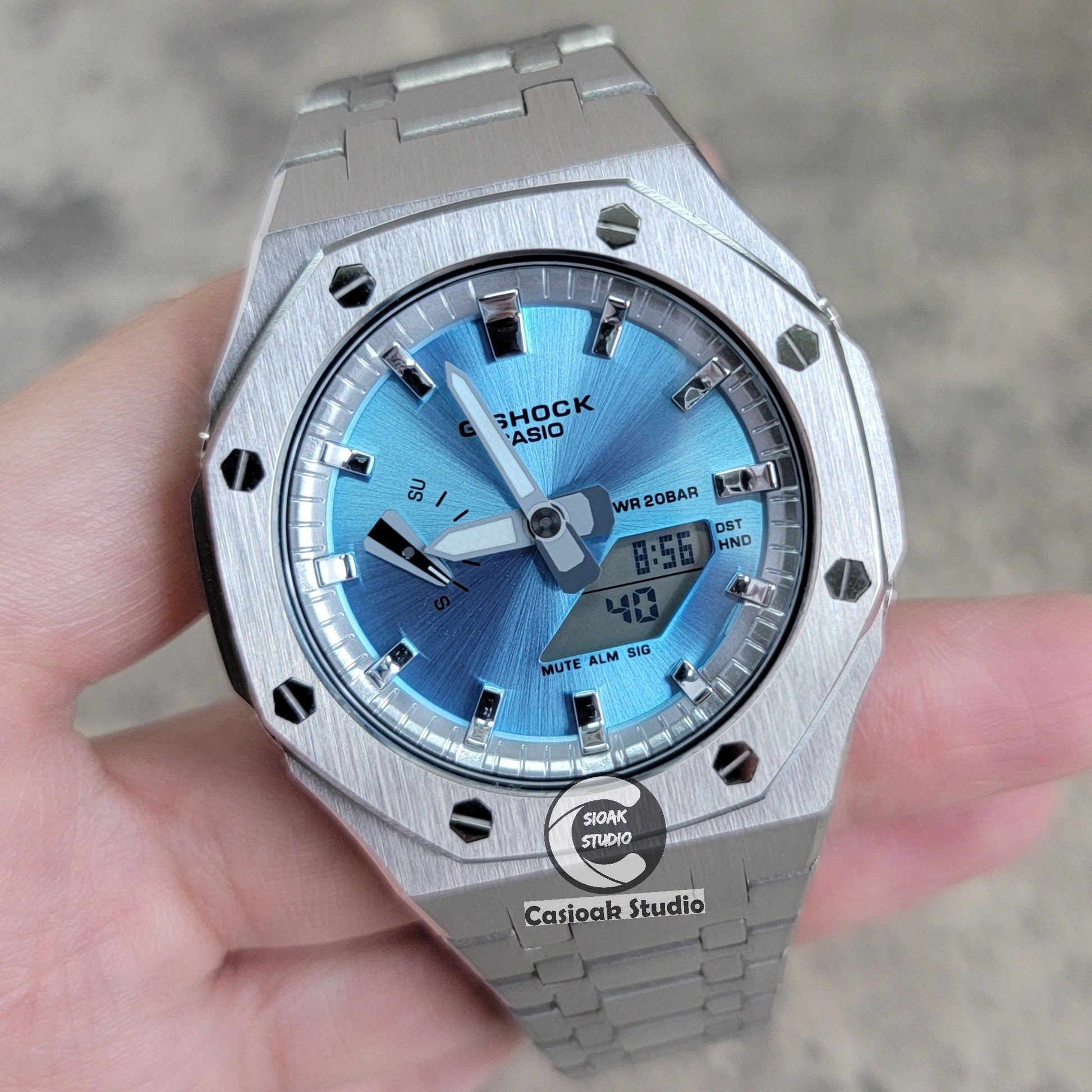 Casioak Mod Watch Silver Case Metal Strap Silver Time Mark Blue Dial 44mm- Casioak Mod Casio G-Shock Royal Oak Custom Mens Luxury Watches Ga2100