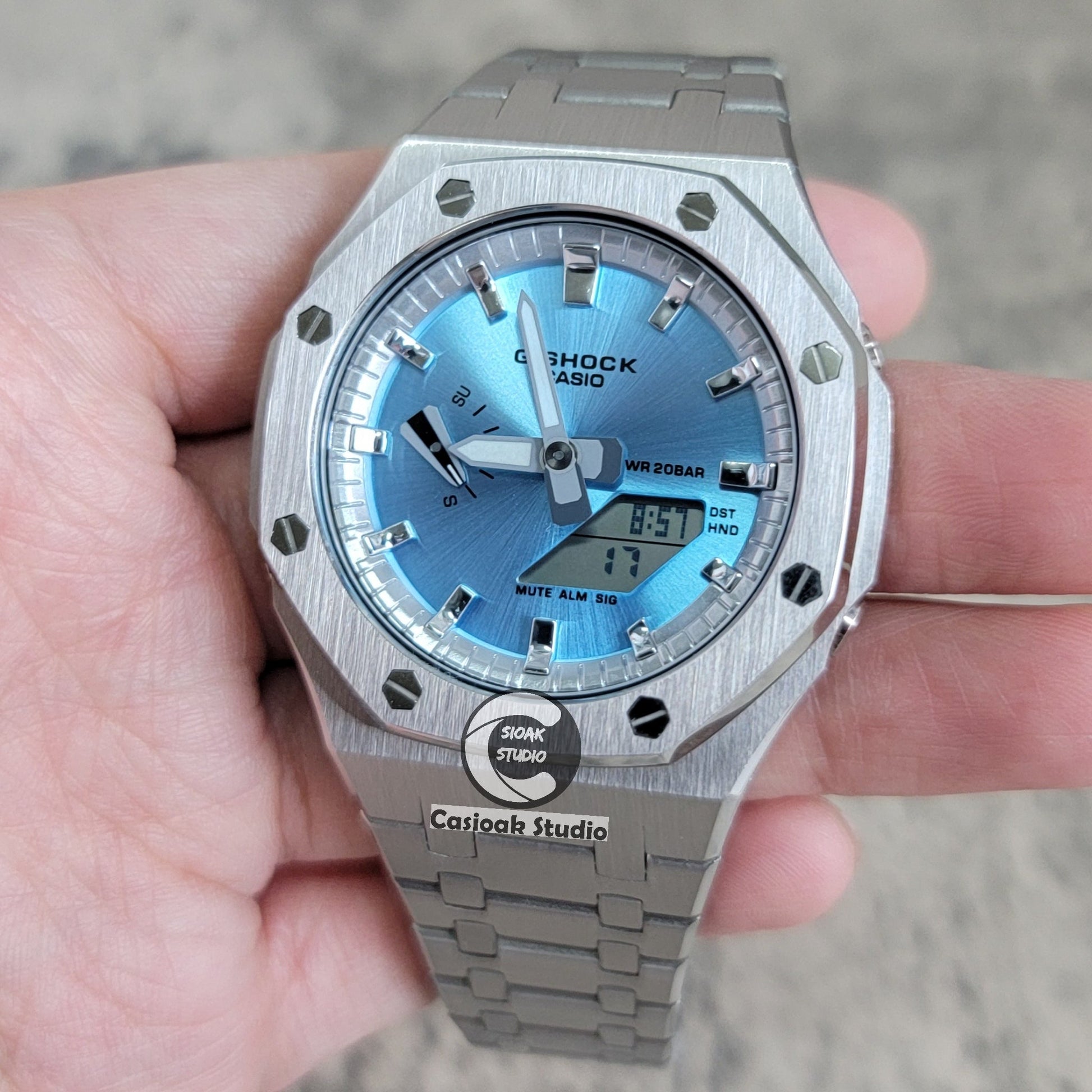 Casioak Mod Watch Silver Case Metal Strap Silver Time Mark Ice Blue Dial 44mm- Casioak Mod Casio G-Shock Royal Oak Custom Mens Luxury Watches Ga2100