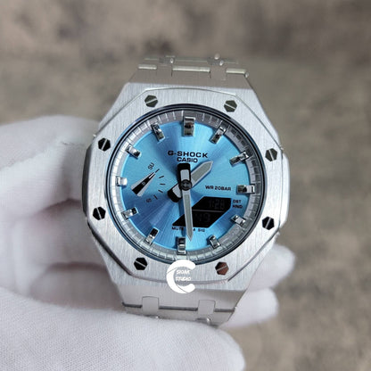 Casioak Mod Watch Silver Case Metal Strap Silver Time Mark Ice Blue Dial 44mm- Casioak Mod Casio G-Shock Royal Oak Custom Mens Luxury Watches Ga2100