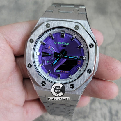 Casioak Mod Watch Silver Case Metal Strap Silver Time Mark Purple Dial 44mm- Casioak Mod Casio G-Shock Royal Oak Custom Mens Luxury Watches Ga2100