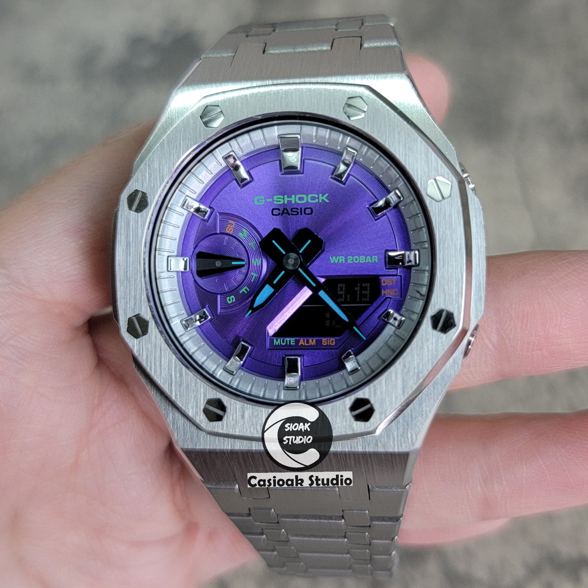 Casioak Mod Watch Silver Case Metal Strap Silver Time Mark Purple Dial 44mm- Casioak Mod Casio G-Shock Royal Oak Custom Mens Luxury Watches Ga2100