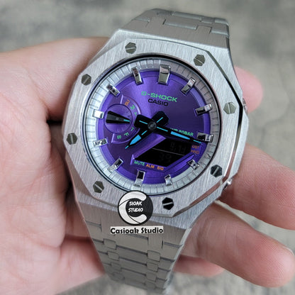 Casioak Mod Watch Silver Case Metal Strap Silver Time Mark Purple Dial 44mm- Casioak Mod Casio G-Shock Royal Oak Custom Mens Luxury Watches Ga2100