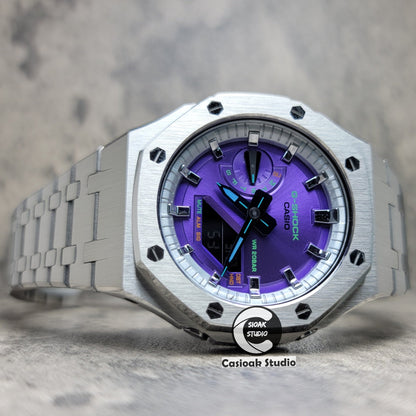 Casioak Mod Watch Silver Case Metal Strap Silver Time Mark Purple Dial 44mm- Casioak Mod Casio G-Shock Royal Oak Custom Mens Luxury Watches Ga2100