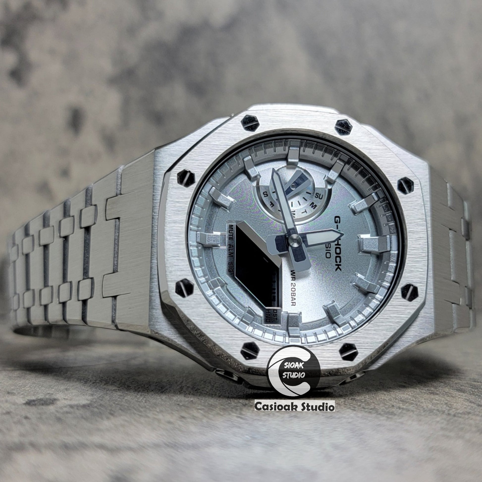 Casioak Mod Watch Silver Case Metal Strap Silver Time Mark Silver Dial 44mm- Casioak Mod Casio G-Shock Royal Oak Custom Mens Luxury Watches Ga2100