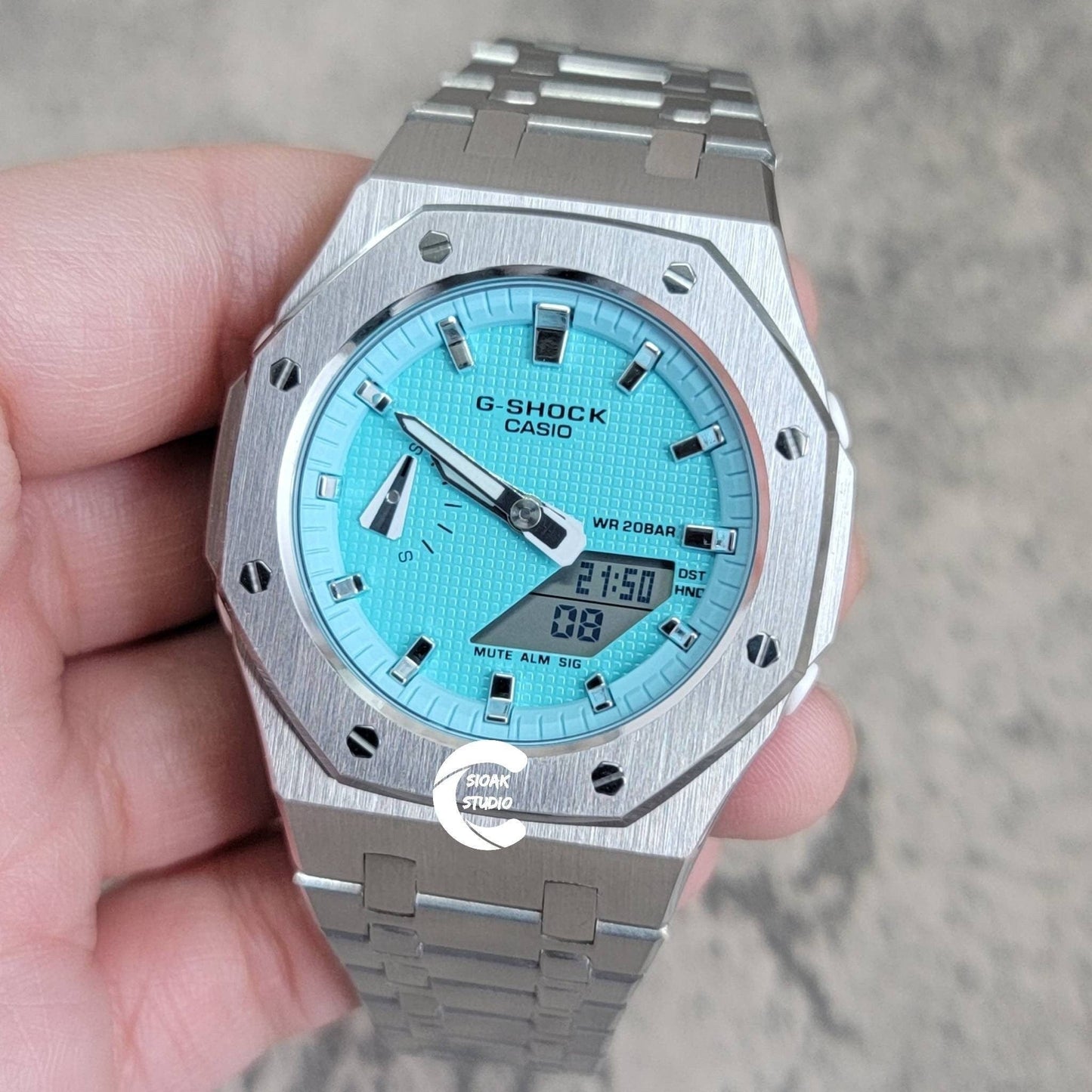 Casioak Mod Watch Silver Case Metal Strap Tiff Silver Time Mark Tiff Blue Dial 42mm- Casioak Mod Casio G-Shock Royal Oak Custom Mens Luxury Watches Ga2100