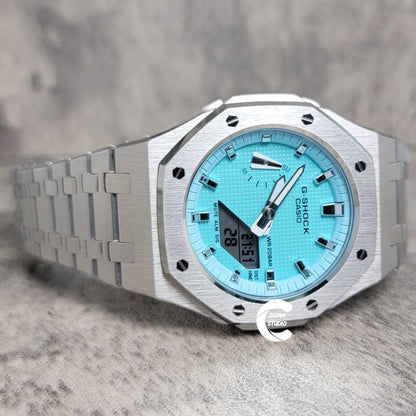 Casioak Mod Watch Silver Case Metal Strap Tiff Silver Time Mark Tiff Blue Dial 42mm- Casioak Mod Casio G-Shock Royal Oak Custom Mens Luxury Watches Ga2100