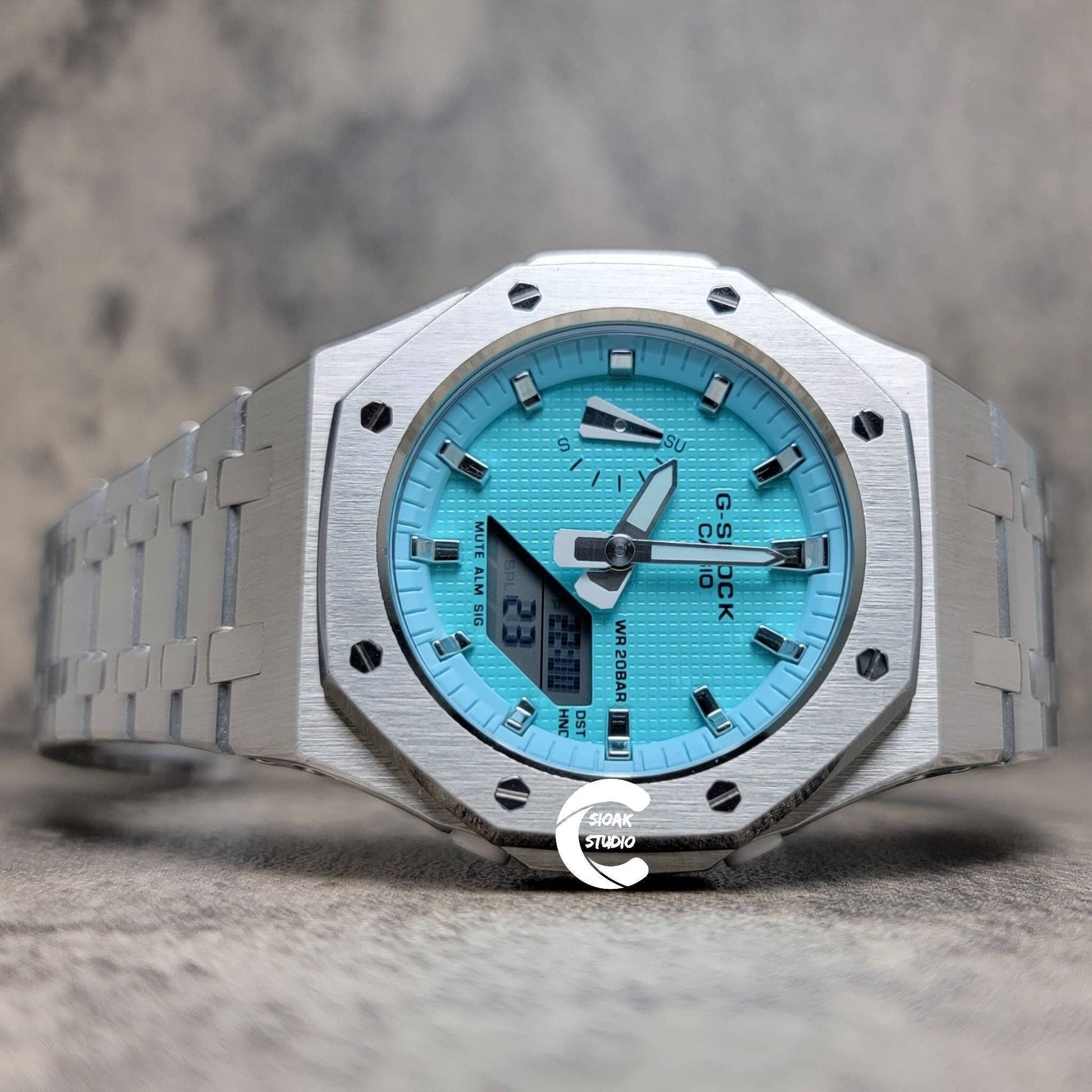 Casioak Mod Watch Silver Case Metal Strap Tiff Silver Time Mark Tiff Blue Dial 42mm- Casioak Mod Casio G-Shock Royal Oak Custom Mens Luxury Watches Ga2100