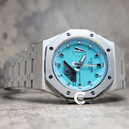 Casioak Mod Watch Silver Case Metal Strap Tiff Silver Time Mark Tiff Blue Dial 42mm- Casioak Mod Casio G-Shock Royal Oak Custom Mens Luxury Watches Ga2100