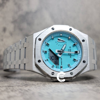 Casioak Mod Watch Silver Case Metal Strap Tiff Silver Time Mark Tiff Blue Dial 42mm- Casioak Mod Casio G-Shock Royal Oak Custom Mens Luxury Watches Ga2100