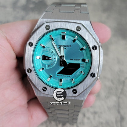 Casioak Mod Watch Silver Case Metal Strap Tiff Silver Time Mark Tiff Blue Dial 44mm- Casioak Mod Casio G-Shock Royal Oak Custom Mens Luxury Watches Ga2100