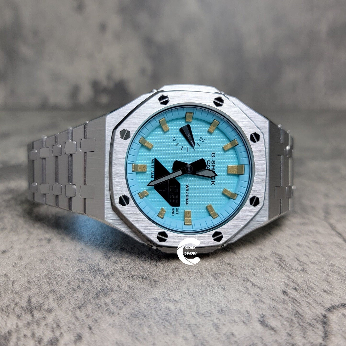 Casioak Mod Watch Silver Case Metal Strap Tiff Silver Time Mark Tiff Blue Dial 44mm- Casioak Mod Casio G-Shock Royal Oak Custom Mens Luxury Watches Ga2100