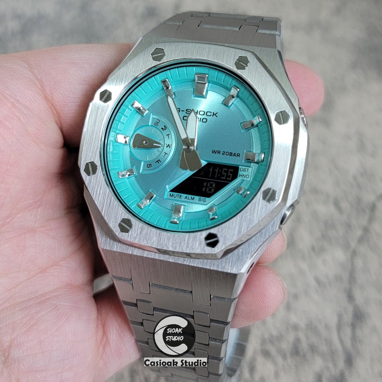 Casioak Mod Watch Silver Case Metal Strap Tiff Silver Time Mark Tiff Blue Dial 44mm- Casioak Mod Casio G-Shock Royal Oak Custom Mens Luxury Watches Ga2100