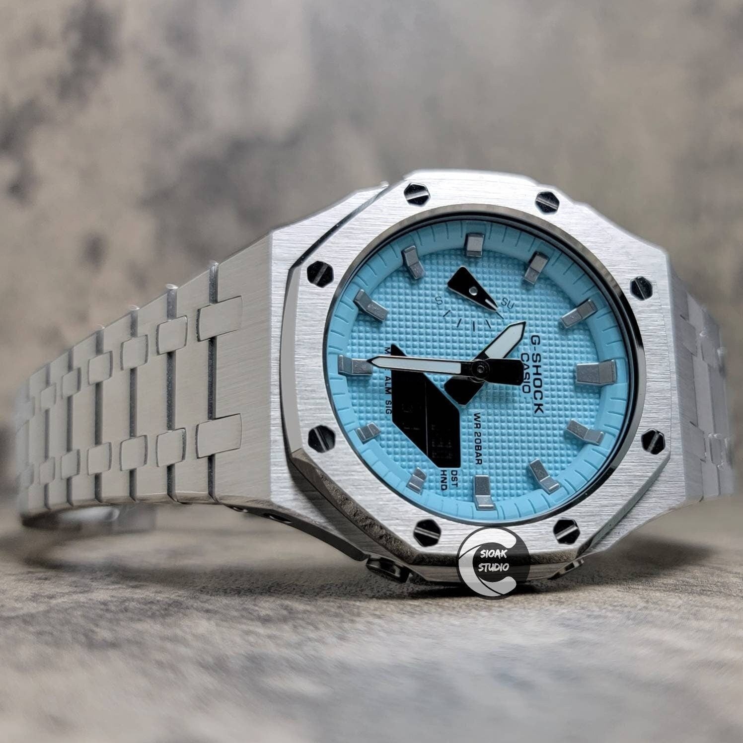 Casioak Mod Watch Silver Case Metal Strap Tiff Silver Time Mark Tiff Blue Dial 44mm- Casioak Mod Casio G-Shock Royal Oak Custom Mens Luxury Watches Ga2100