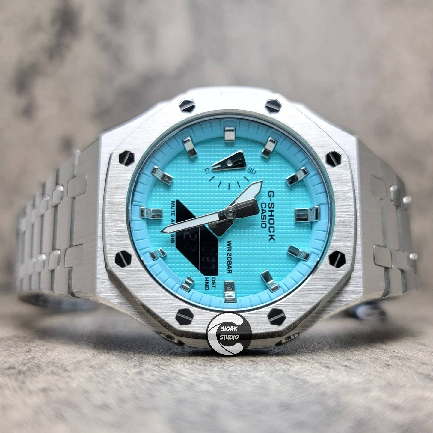 Casioak Mod Watch Silver Case Metal Strap Tiff Silver Time Mark Tiff Blue Dial 44mm- Casioak Mod Casio G-Shock Royal Oak Custom Mens Luxury Watches Ga2100