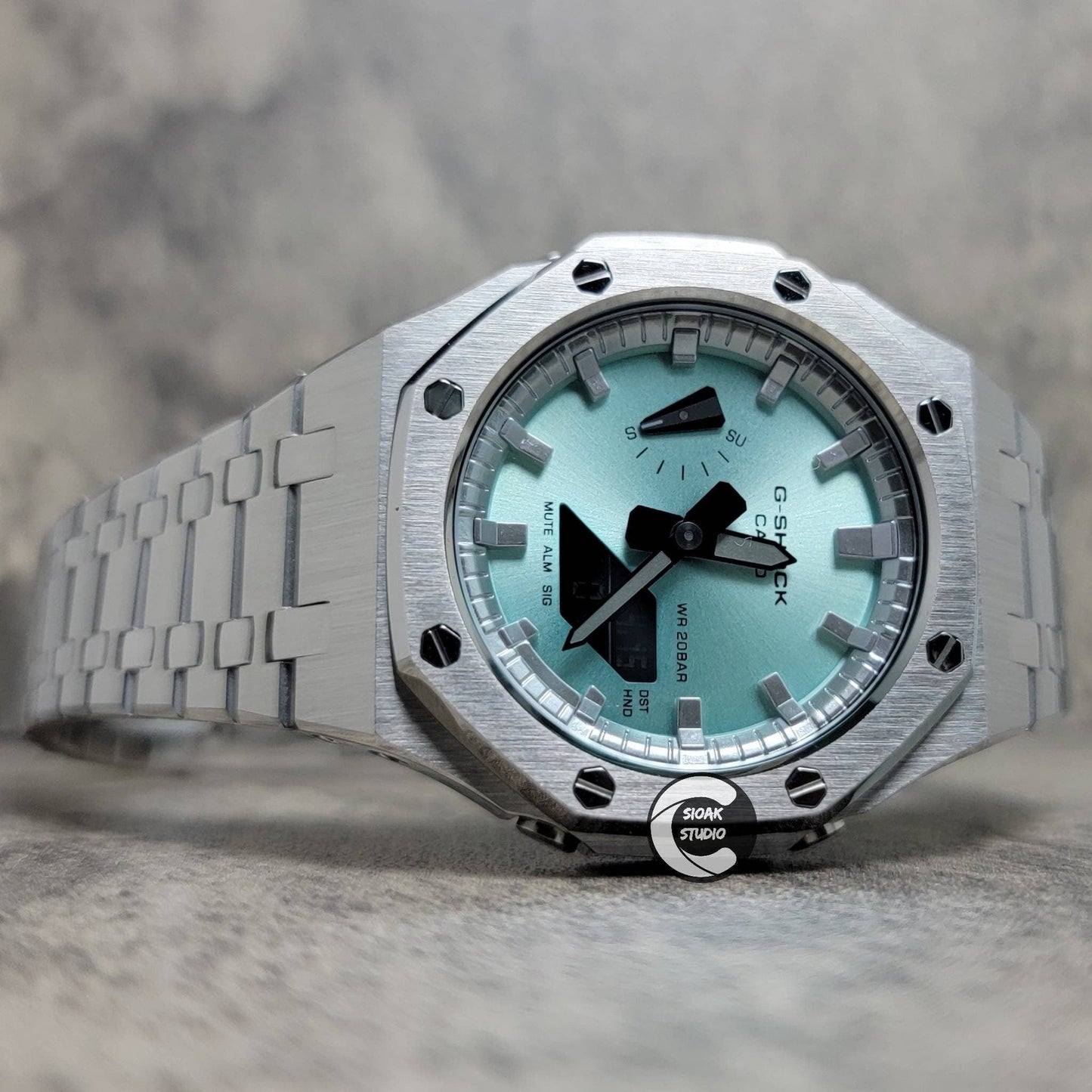 Casioak Mod Watch Silver Case Metal Strap Tiff Silver Time Mark Tiff Blue Dial 44mm- Casioak Mod Casio G-Shock Royal Oak Custom Mens Luxury Watches Ga2100