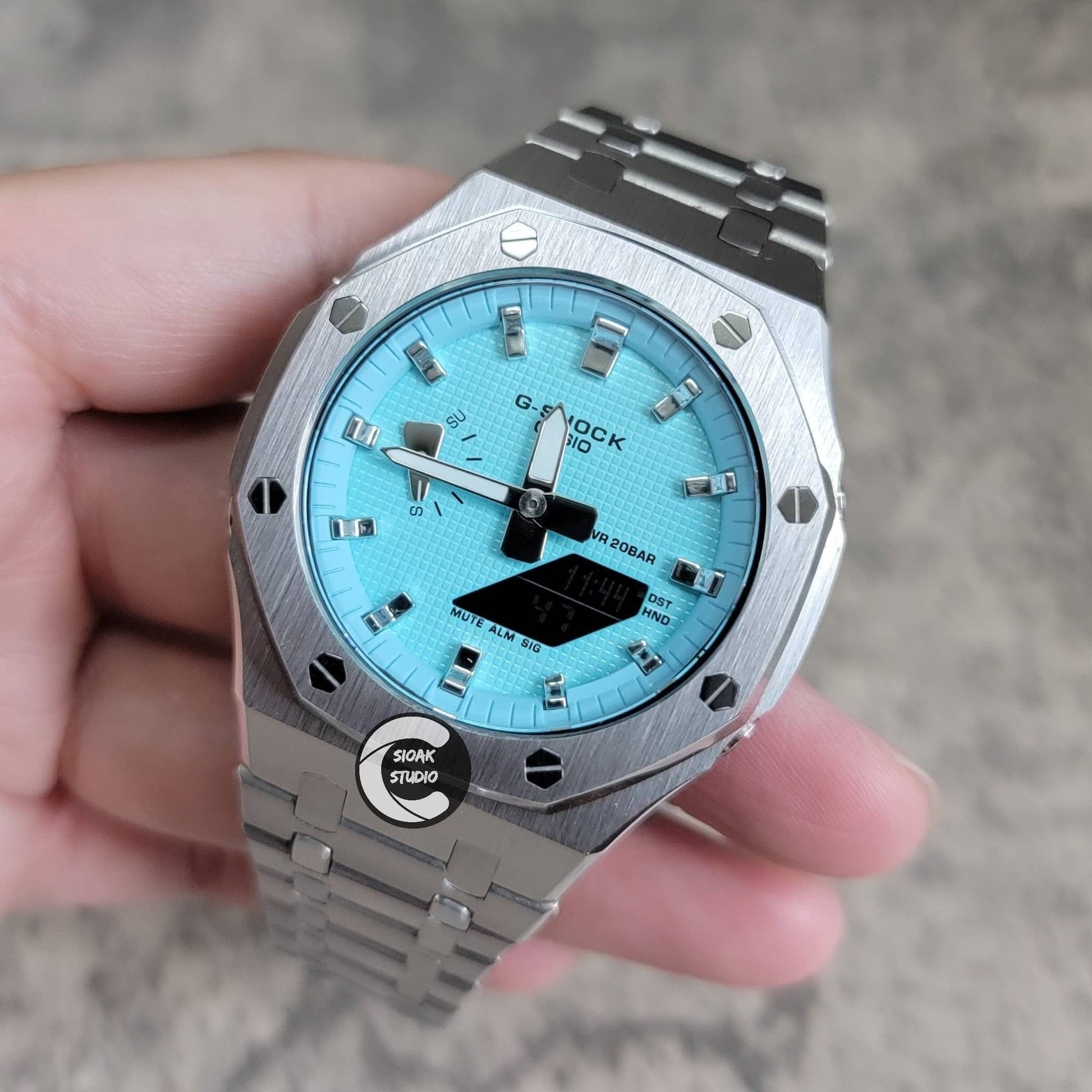 Casioak Mod Watch Silver Case Metal Strap Tiff Silver Time Mark Tiff Blue Dial 44mm- Casioak Mod Casio G-Shock Royal Oak Custom Mens Luxury Watches Ga2100