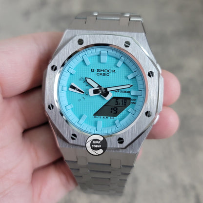 Casioak Mod Watch Silver Case Metal Strap Tiff Time Mark Tiff Blue Dial 42mm- Casioak Mod Casio G-Shock Royal Oak Custom Mens Luxury Watches Ga2100