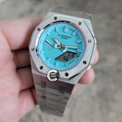 Casioak Mod Watch Silver Case Metal Strap Tiff Time Mark Tiff Blue Dial 42mm- Casioak Mod Casio G-Shock Royal Oak Custom Mens Luxury Watches Ga2100