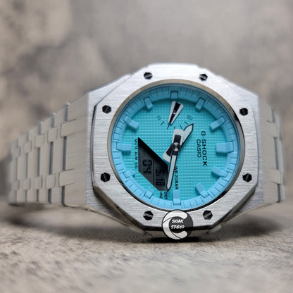 Casioak Mod Watch Silver Case Metal Strap Tiff Time Mark Tiff Blue Dial 42mm- Casioak Mod Casio G-Shock Royal Oak Custom Mens Luxury Watches Ga2100