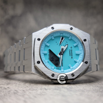 Casioak Mod Watch Silver Case Metal Strap Tiff Time Mark Tiff Blue Dial 42mm- Casioak Mod Casio G-Shock Royal Oak Custom Mens Luxury Watches Ga2100