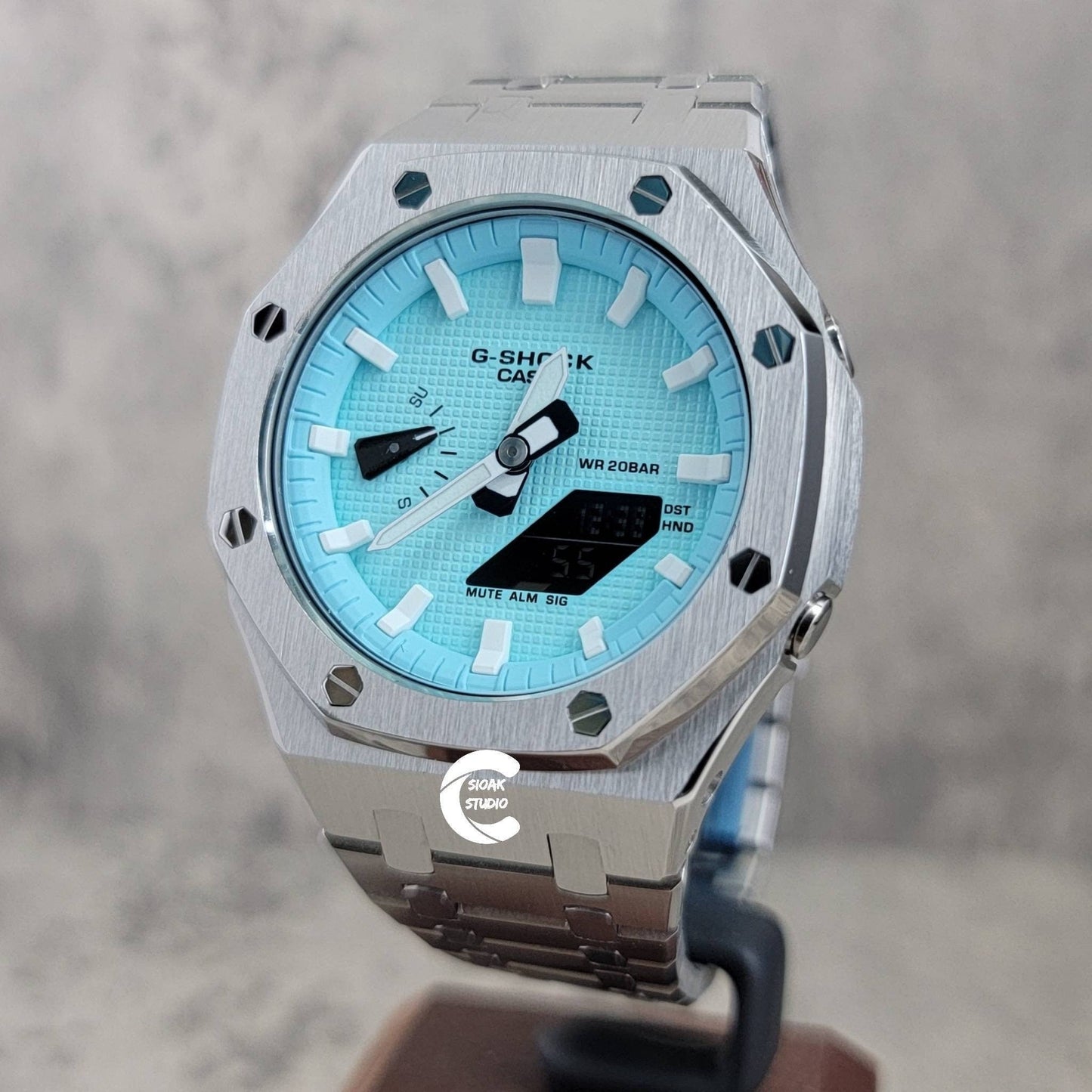 Casioak Mod Watch Silver Case Metal Strap Tiff White Time Mark Tiff Blue Dial 44mm- Casioak Mod Casio G-Shock Royal Oak Custom Mens Luxury Watches Ga2100